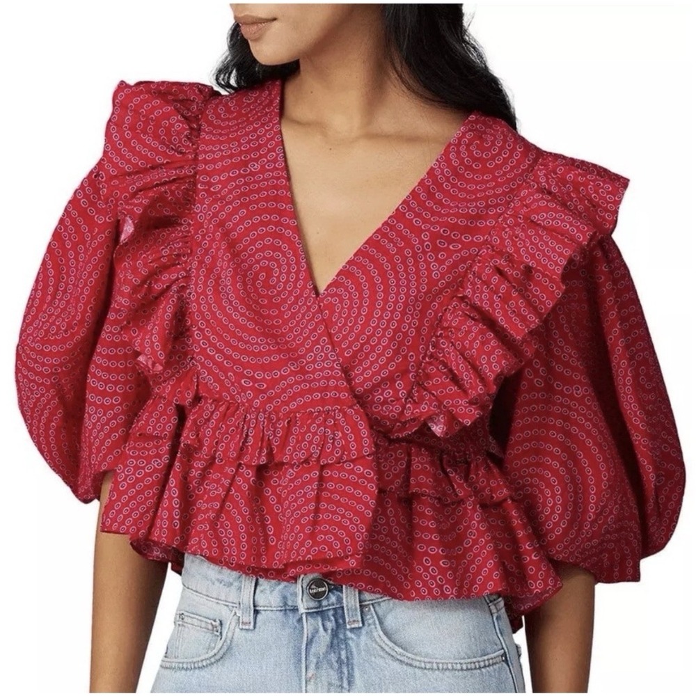 Rhode Elodie Top In Red Trail Crop Wrap‎ Ruffled Puff Sleeve Cotton Sz M